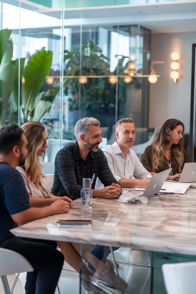 Diverse professional team in a modern office, collaborating during a business meeting with laptops and documents.
